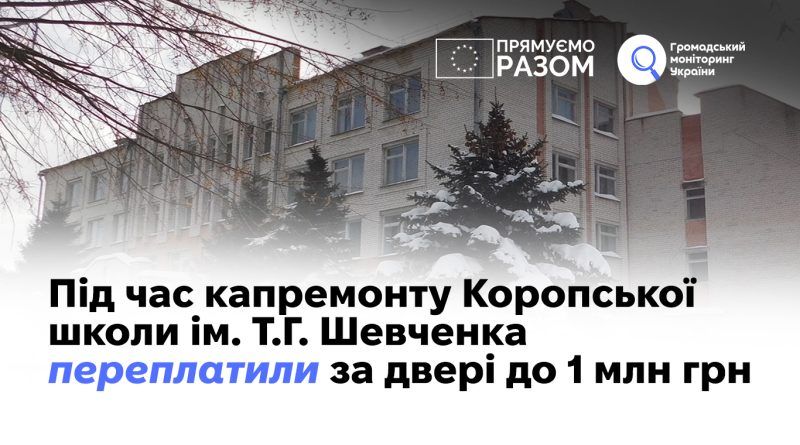 Під час капремонту Коропської школи ім. Т.Г. Шевченка переплатили за двері до 1 млн грн 