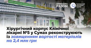 Хірургічний корпус Клінічної лікарні №5 у Сумах реконструюють із завищенням вартості матеріалів на 2,4 млн грн